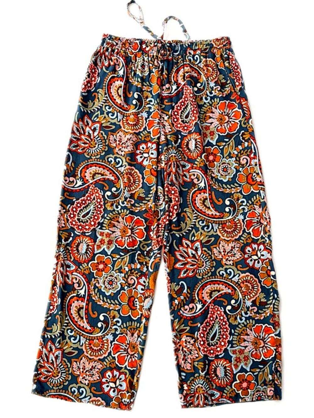 CeCe Pants Floral Paisley Wide Leg Women’s Blue Boho Drawstring Relaxed Medium